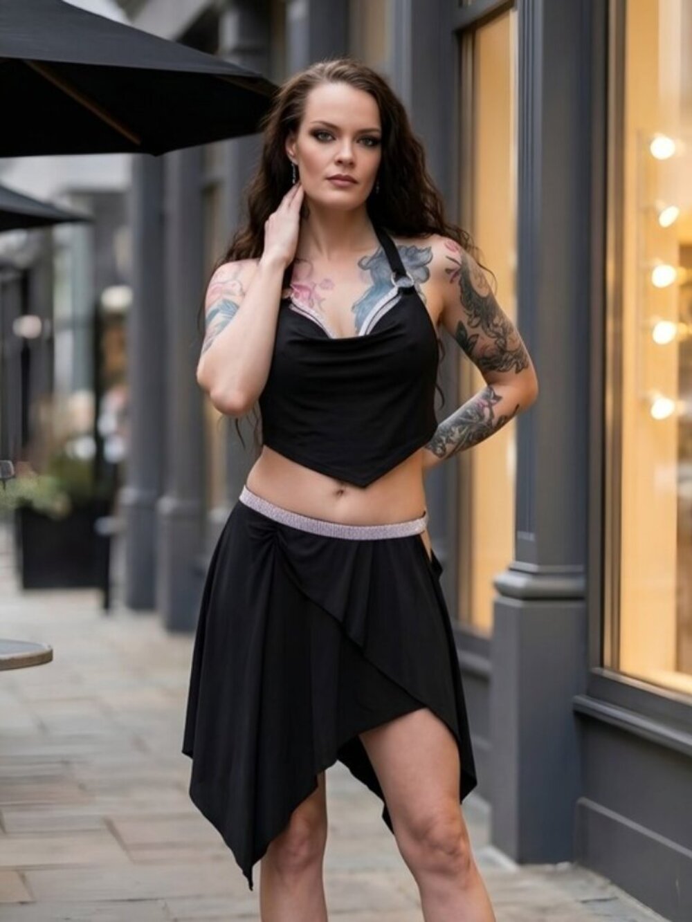 Poster Grl ✦ Black Rhinestone Halter Set ✦ Crop Top Mini Skirt Handkerchief Hem